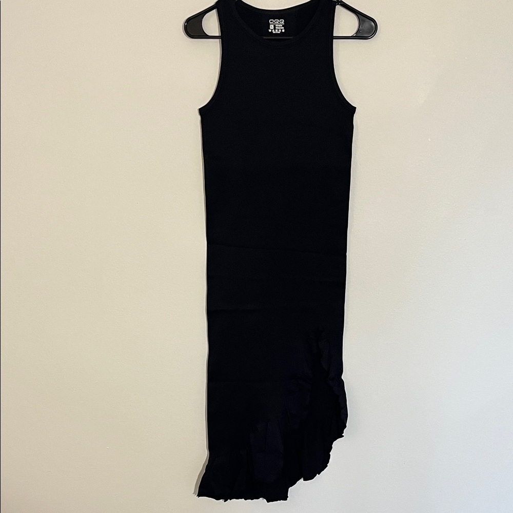 OQQ RIBBED COMPRESSIVE Black Tank Dress with Asymmetrical Ruffle Hem